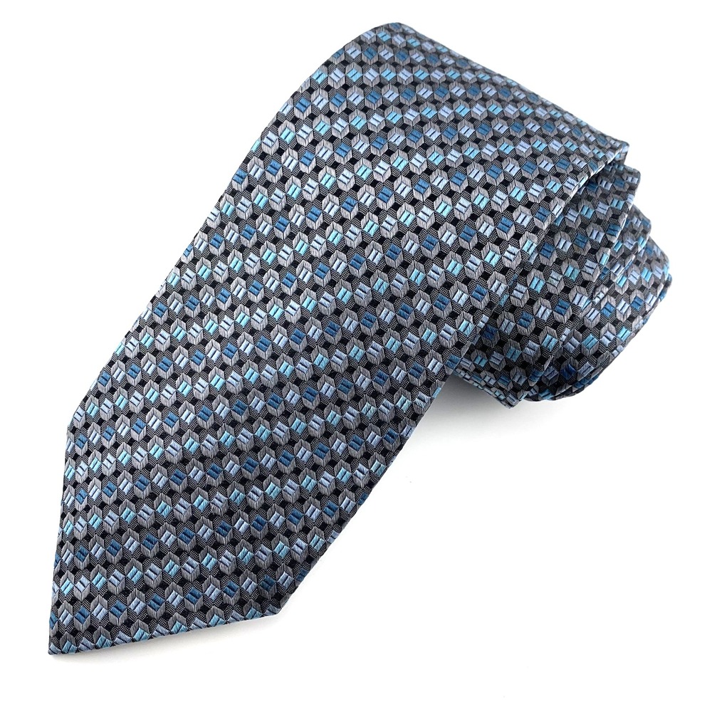 Pronto Uomo Mens Tie Black Gray & Turquoise Foulard Geometric 100% Silk Necktie‎